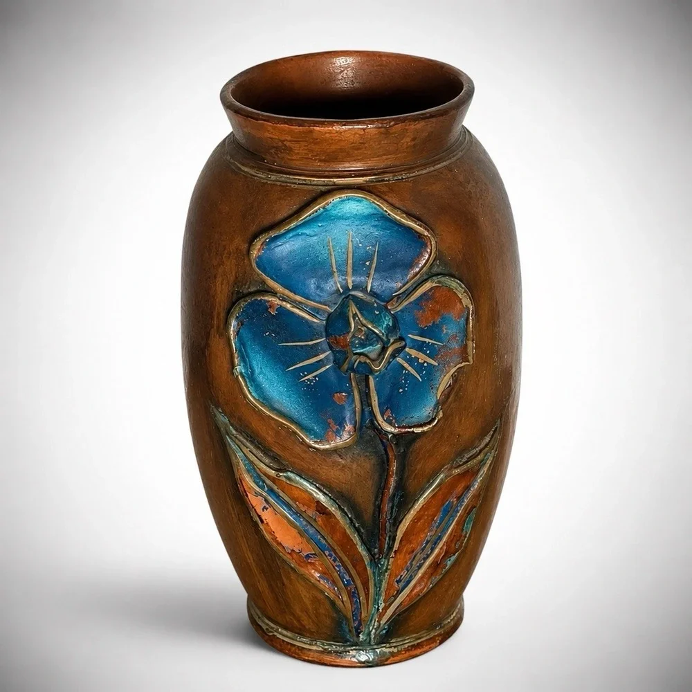 VTG Art Nouveau Style Pottery Vase Brown Glazed W/ Blue Flower Floral Relief 8